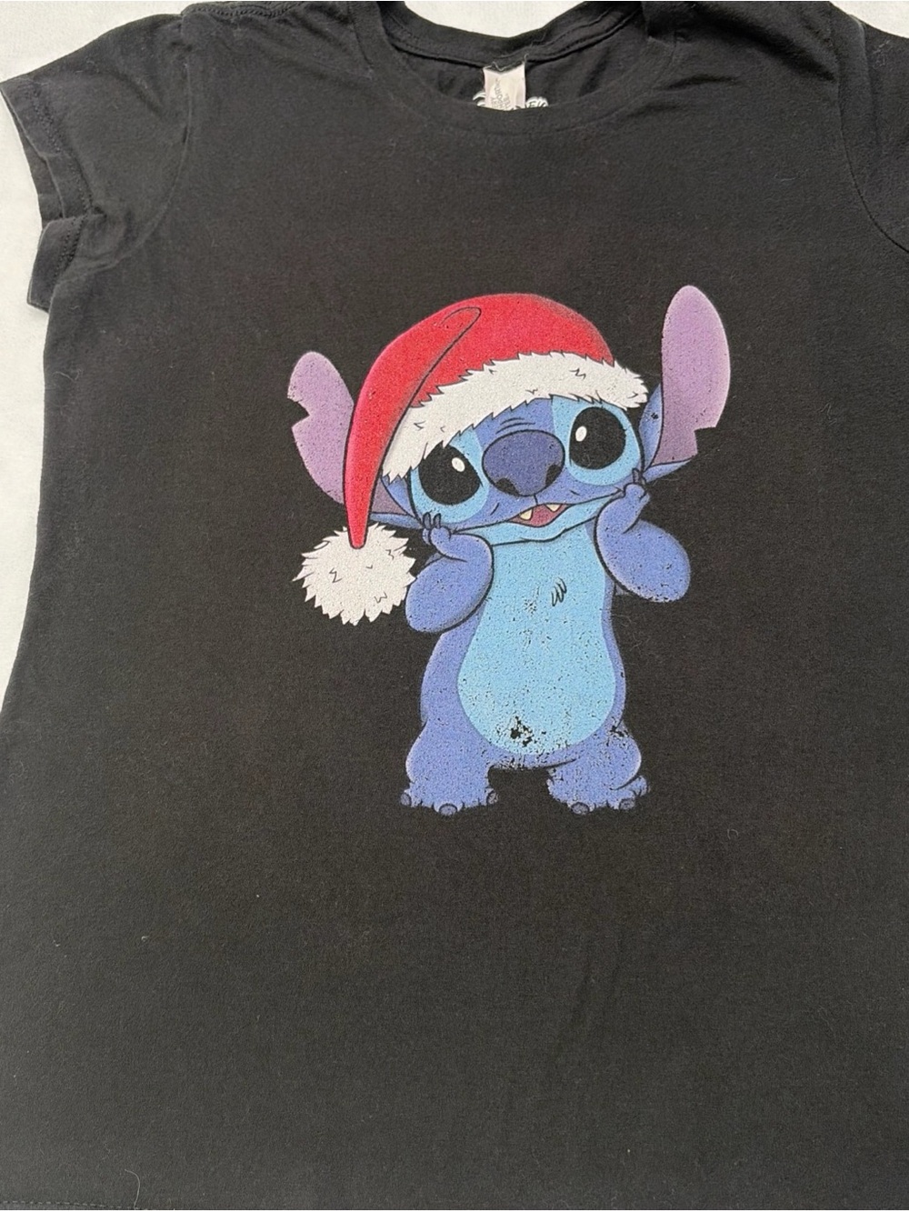 Disney Black Tee with Blue Stitch and Red Santa Hat